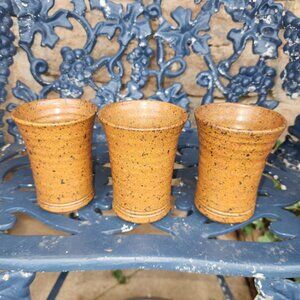 Set Of 3 Vintage Speckled Brown Pottery Tumblers Holds 6 oz.